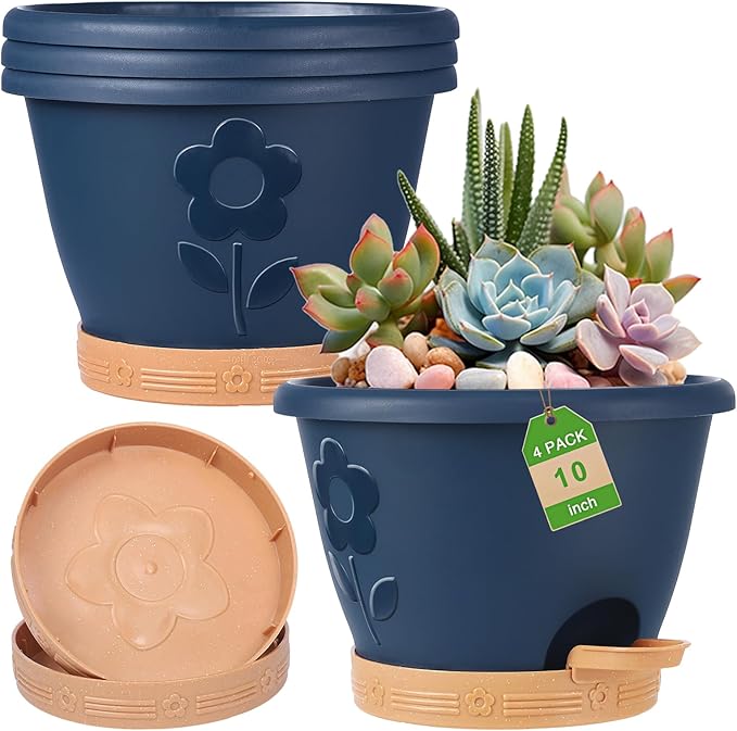 Plastic Plant Pots 10 Inch Set of 4, Self Watering Pots with Drainage Holes, Saucer & Reservoir, Flower Pots for Indoor/Outdoor Plants, Decorative Nursery Planting Pots (Blue)
