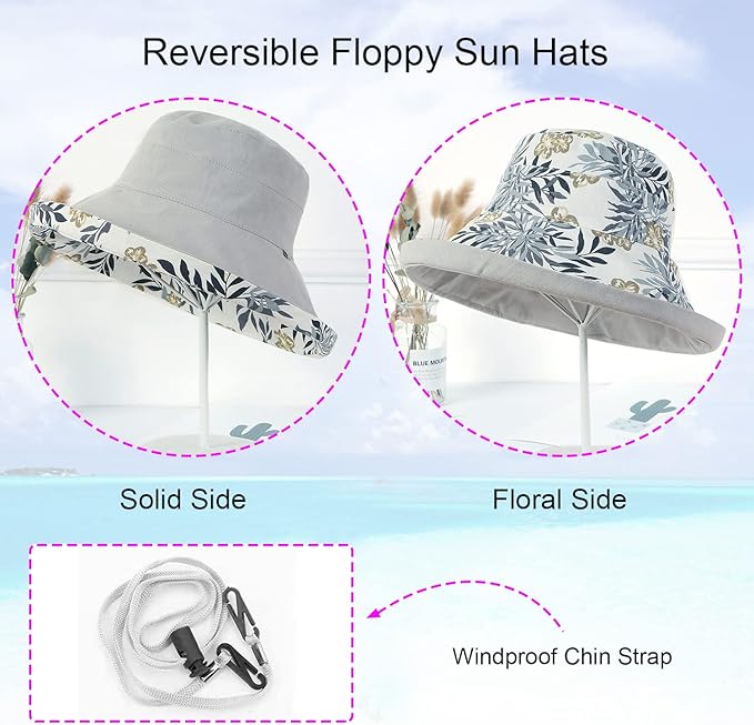 Women Wide Brim Sun Hats Metal Wired Edge Summer UV Protection Beach Fishing Hat for Hiking Garden Travel Chin Strap