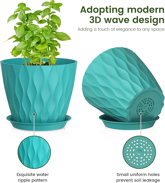 7/6.5/6/5.5/5/4.5/4 inch Plant Pots for Indoor Outdoor Plants, 7 Pack Thick Flower Pots with Drainage Holes and Saucers, Modern Wave Texture Small Plastic Planters Nursery Pots, Blue Green