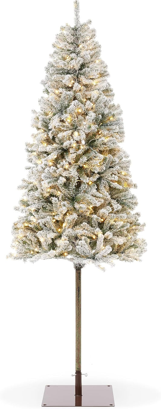 Casafield 7.5FT Pre-Lit Realistic Pencil Snow-Flocked Alpine Fir Artificial Holiday Christmas Tree with LED Lights and Metal Stand