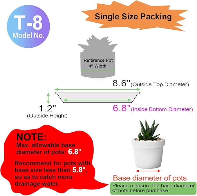 Plant Saucer 8.6 inch (6.9" at Base) Pack of 6, Thick Strong Durable Plastic Planter Water Catcher Trays for Pots Indoors Potted Flower Bottom Drainage Catch Plate Drain Drip Dish for Outdoor