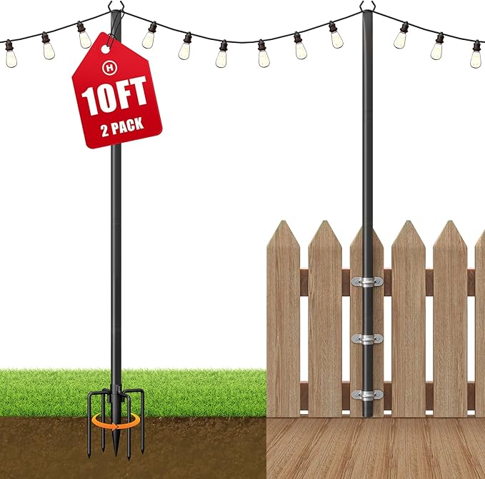 2 Pack String Light Poles for Outside, 10Ft Adjustable Outdoor Light Poles for String Lights, Outdoor Lighting Stand with Fork for Patio, Deck, Backyard, Garden, Party & Wedding