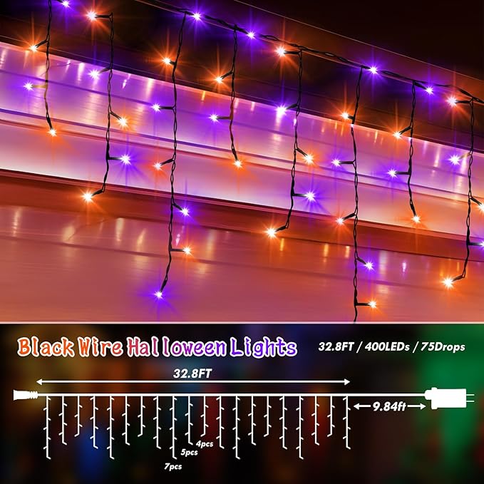 KNONEW 33FT 400 LED Orange Purple Halloween Lights Outdoor Black Wire String Lights with 75 Drops, 8 Lighting Modes, Timer Memory Function Connectable Hanging Curtain Lights for Halloween Party Decor