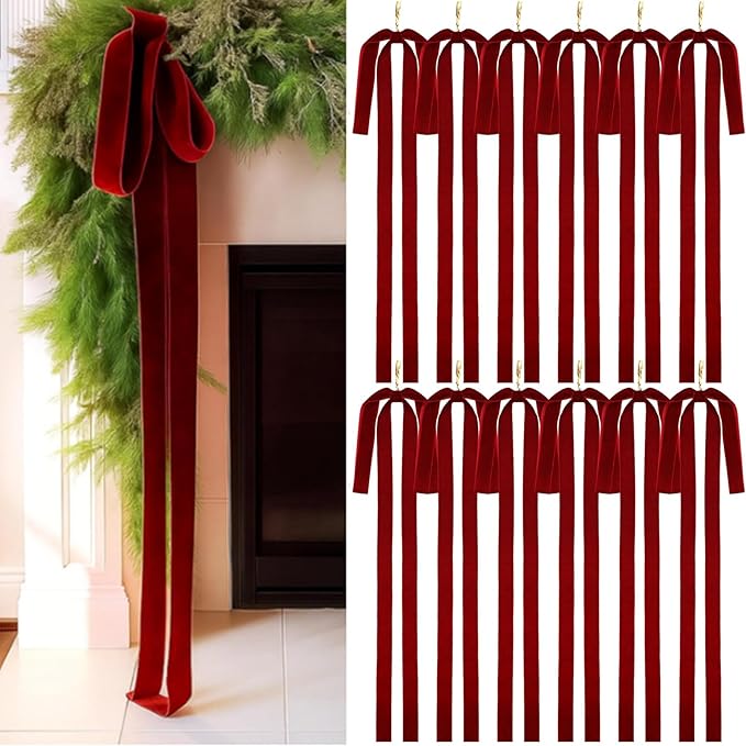 Janinka 12 Pcs Large Velvet Christmas Swag Bow 31.5 x 23.6 inch Rustic Velvet Staircase Wreath Bows Vintage Christmas Tree Topper Bows Large Bow for Outdoor (Wine Red)