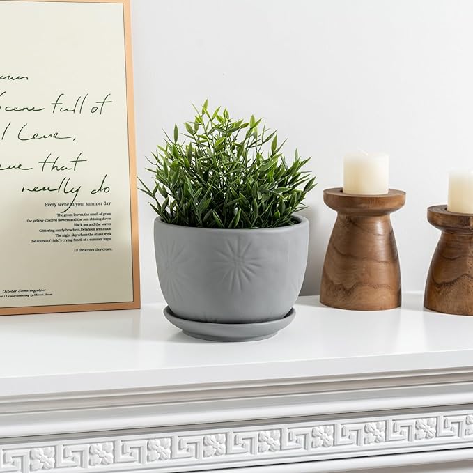 MyGift 7 Inch Grey Ceramic Plant Pot with Drainage Hole and Attached Saucer, Modern Decorative Embossed Sunburst Planter Container for Indoor Home Garden