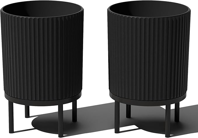 Veradek Demi Series Round Planter w/Stand for Porch/Patio | Durable Plastic-Stone Composite & Wooden Stand | Modern Décor for Tall Plants, Flowers