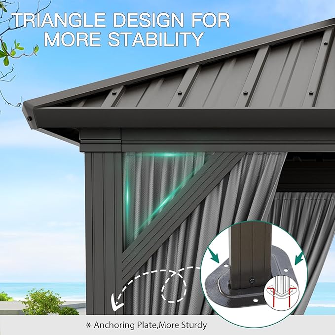 10X12 FT Outdoor Galvanised Steel Hardtop Gazebo, Heavy Duty Double Roof Outdoor Gazebo with Netting and Sunshade Curtains, Aluminium Framed Gazebo for Patio, Terrace, Lawn and Deck, Grey