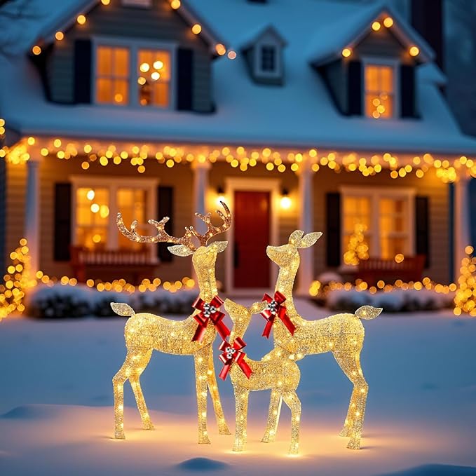 YULETIME 3-Piece Pre-Lit 3D Christmas Reindeer Family, Lighted Glitter Deer Holiday Decoration With Warm White LED Lights