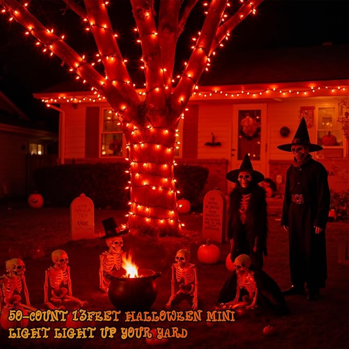 Orange Christmas Lights, 13FT 50 Count Incandescent Mini String Light with Green Wire, Waterproof Orange Christmas Tree Lights Plug in for Halloween Outdoor Indoor Patio Home Party Xmas Decor