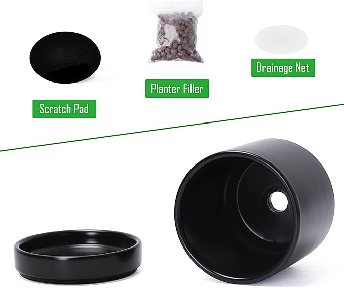 D'vine Dev Set of 3 Plants Pots, 3.5 Inch Ceramic Planter Pot for Plants with Drainage Hole and Saucer, Black, 94-N-A-2