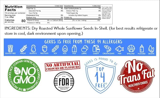 Gerbs Roasted Unsalted Whole Sunflower Seeds 1 lb. | Small Batch, No Additives, Resealable Bag | Crack-and-Eat Crunchy Snack | Top 14 Allergen-Free