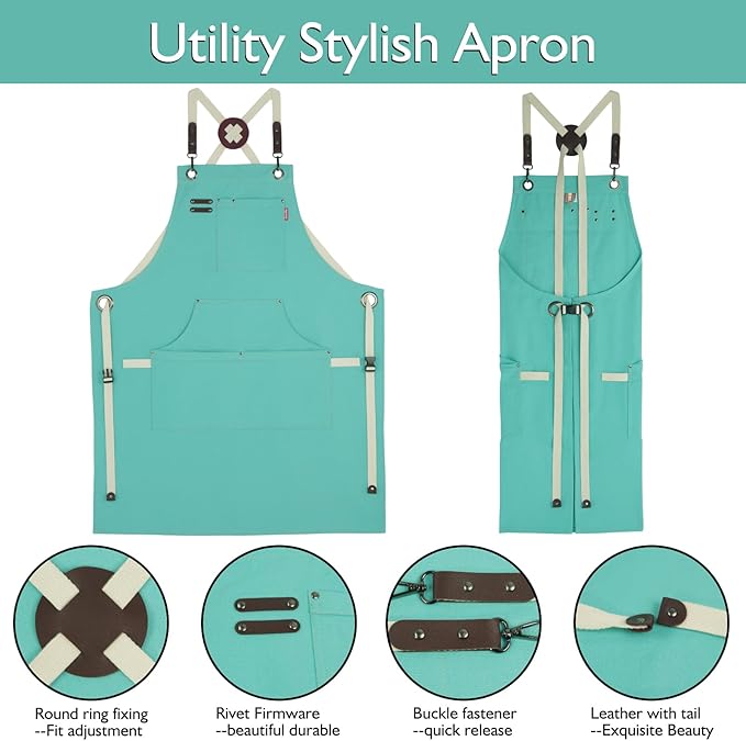 Kitchen Apron, Work Apron, Canvas, Multiple Pockets, Gardening, Painting, BBQ, Artist, Carpenter, Sizes M to XXL, Ice Blue