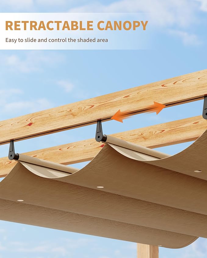 Garvee 10x13 Ft Outdoor Pergola with Retractable Canopy Upgraded Aluminum Faux Wood Grain Patio Pergola for Modern Backyard Deck Porch Grape Trellis(Khaki)