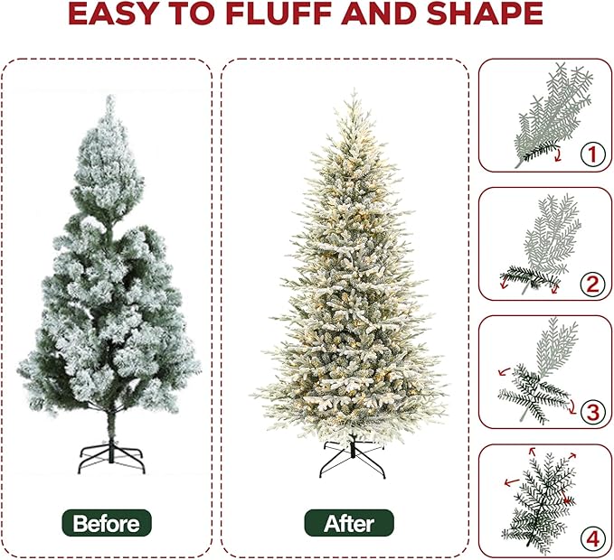 Hykolity 7.5 ft Prelit Snow Flocked Christmas Tree, 2933 PE&PVC Realistic Branch Tips, Artificial Twinkling Christmas Tree with 450 Warm White LED Lights, Metal Stand and Hinged Branches