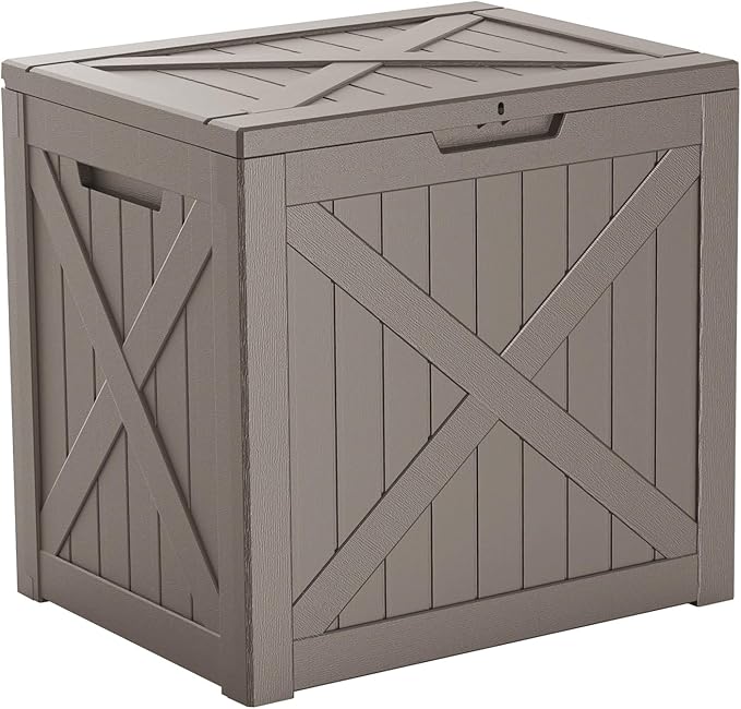 32 Gallon Outdoor Deck Box,Storage Lockable Waterproof Patio Furniture,Garden Tools,Cushions,Pool Accessories Outside Storage Resin Box(Grey)
