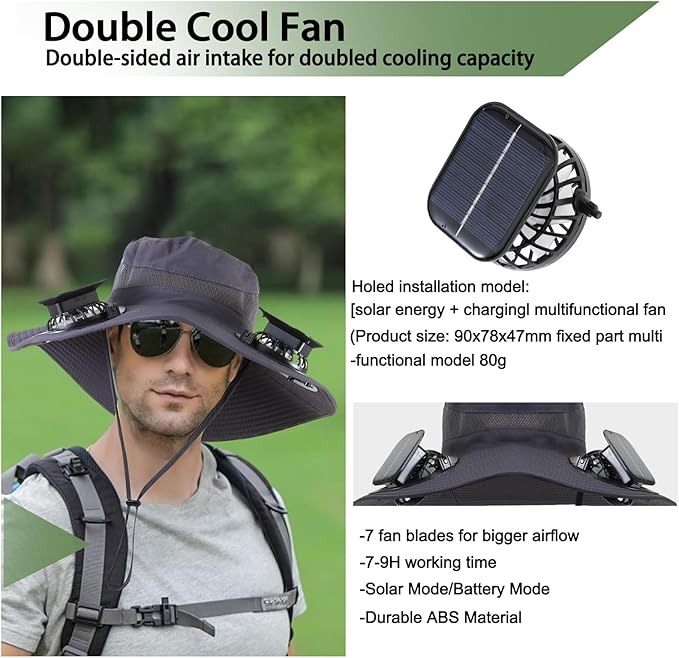 Wide Brim Solar Fan Outdoor Fishing Hat with 2 Solar Fan UPF 50+ Sun Bucket Hat Waterproof Breathable Fishing Hat Bucket Hat