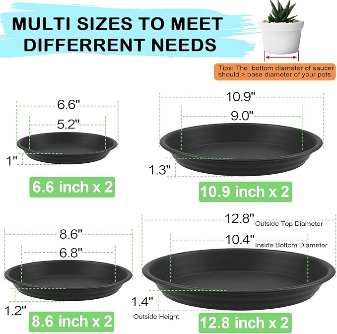 8 Pcs Plastic Plant Saucer 6 8 10 12 inch Assorted Sizes, Thick Multi Size Pack Plant Tray for Pots Indoors Potted Plant Water Catcher Tray Flower Planter Base Drainage Drip Dish Plate Outdoor