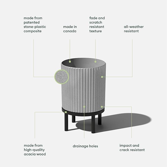 Veradek Demi Series Round Planter w/Stand for Porch/Patio | Durable Plastic-Stone Composite & Wooden Stand | Modern Décor for Tall Plants, Flowers