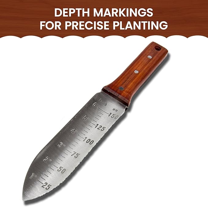 Garden Guru Hori Hori Gardening Knife for Weeding, Digging, Pruning, and Cultivating - Stainless Steel Full Tang Blade | Marks for Measuring Planting Depth