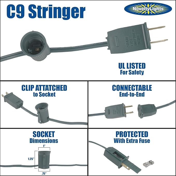 C9 Orange Christmas Light Set - Outdoor Roofline & Patio String Lights - 25 Foot Green Wire