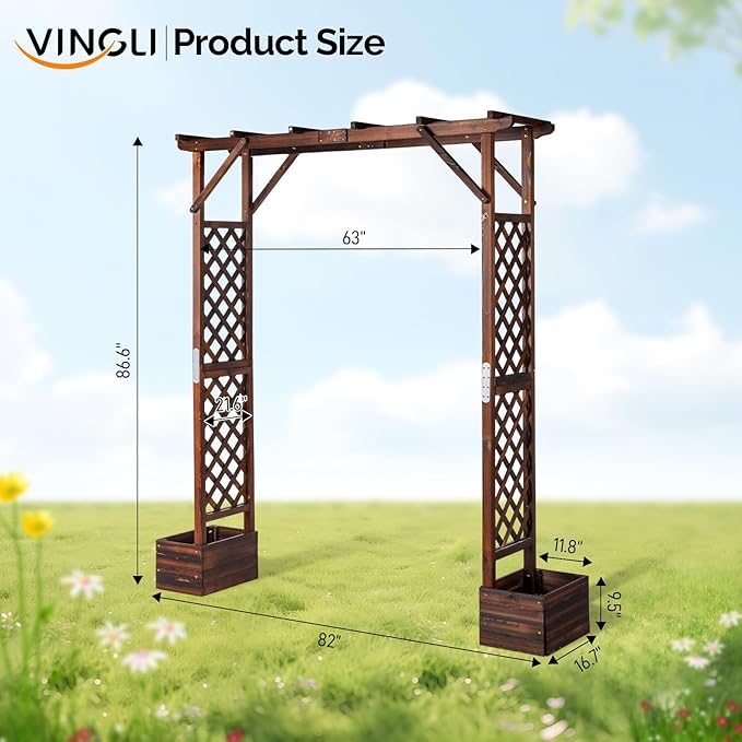 VINGLI Wooden Garden Arbor with Planter, Wedding Arch for Ceremony, Wood Garden Arbour Trellis for Plant Climbing, Pergola for Garden Backyard, Lawn, Outdoor (Carbonized Wood)