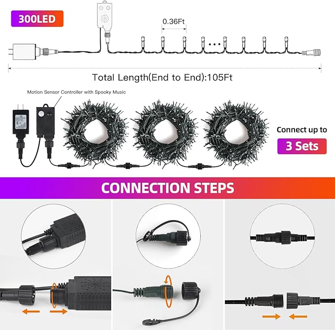 XTF2015 Halloween Lights, 105FT 300 LED Halloween String Lights with Spooky Music Motion Sensor Controller Twinkle Waterproof Purple Orange Light Plug in for Indoor Outdoor Tree Party Yard Room Decor