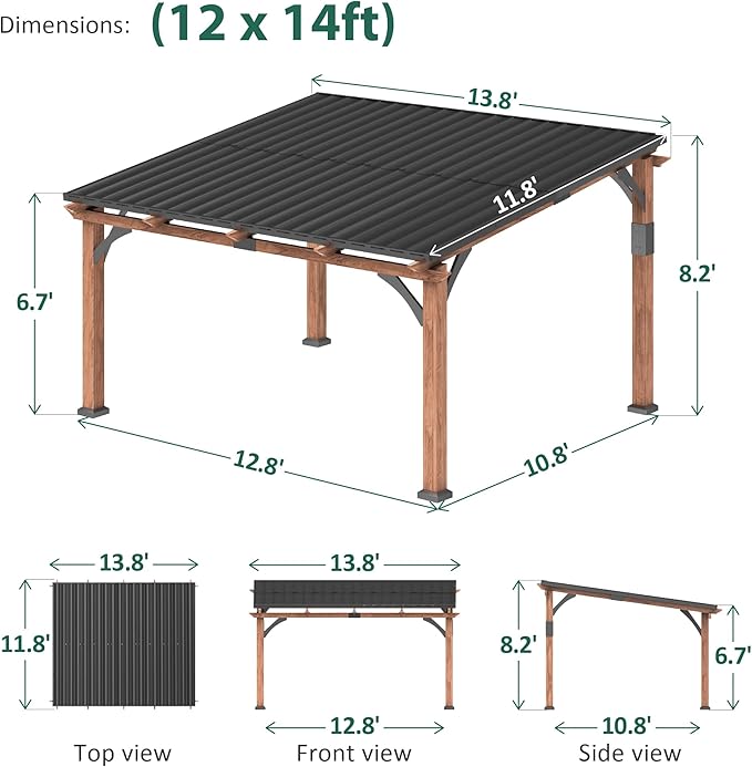 Macrout 12'x14' Outdoor Gazebo, Heavy Duty Pergola with Sloped Metal Roof and Aluminum Frame, Permanent Gazebos for Patio, Decks, Backyard, Garden, 4756 (Sloped Roof + Brown Frame, 12'x14')