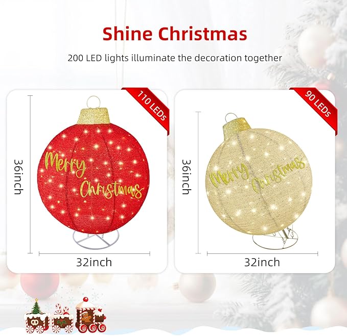 HOYECHI 2pc Lighted Pop-Up Outdoor Christmas Ornament Set – Holiday Ball Decorations with 200 LED Lights, 8 Lighting Modes, for Yard & Outdoor Christmas Decor - Red/Gold