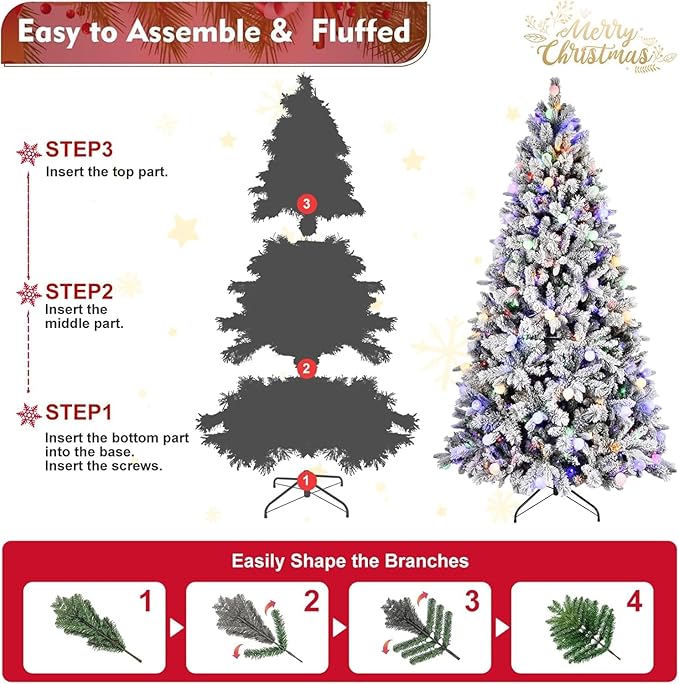 6 ft Prelit Flocked Christmas Tree with Pine Cones & 350 Colorful UL Lights, Snow Frosted Artificial Christmas Tree with Auto Hinged Stand for Holiday Decor