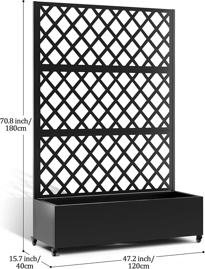 Metal Planter Box with Trellis, Planter Box with Privacy Screen, Privacy Trellis Outdoor for Climbing Plants with Drainage Holes, Raised Garden Bed with Wheels