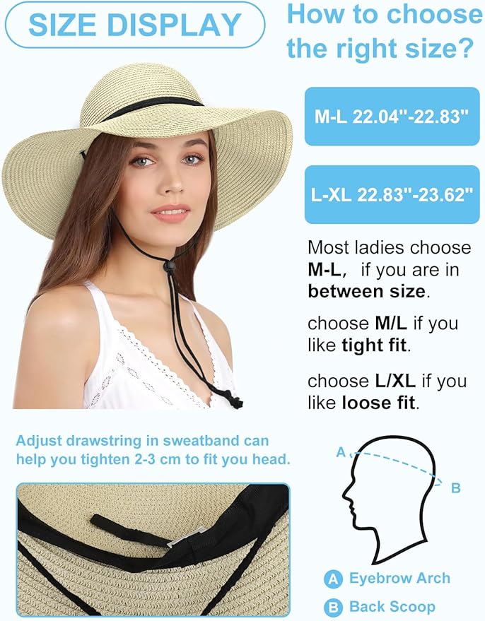 Senker Fashion Sun Hats for Women, Wind Lanyard Wide Brim Straw Hat for Summer Beach Garden Vacation Foldable UPF 50+