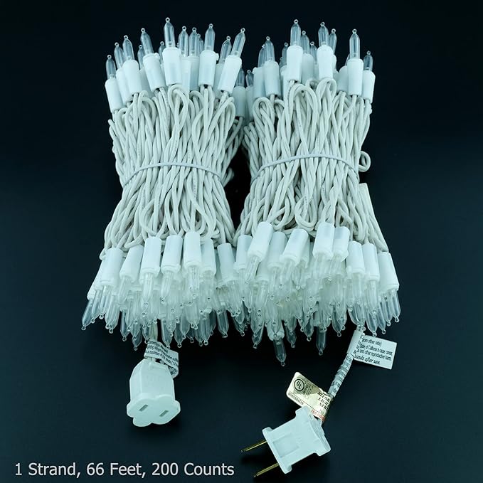 YULETIME 200 Cool White LED Christmas Lights, 66 Feet White Wire UL Certified Commercial Grade Holiday String Light Set