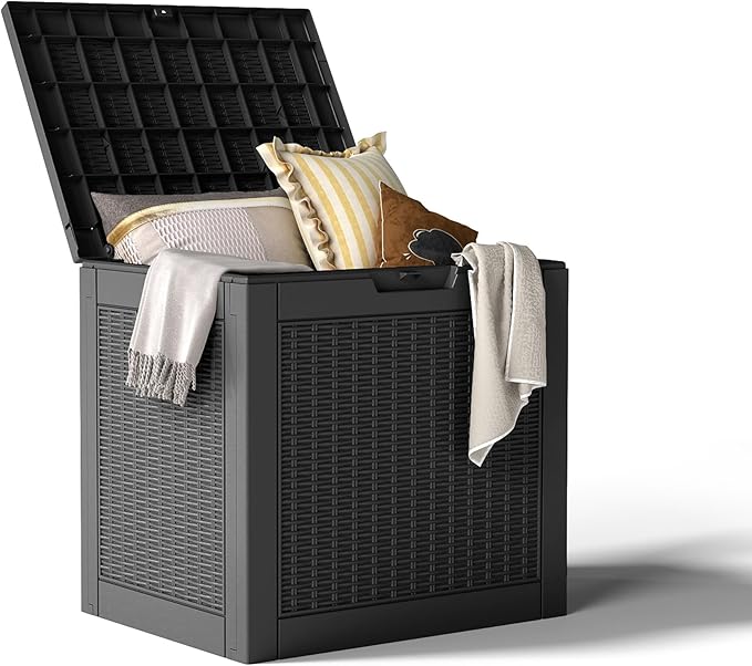 30 Gallon Waterproof Resin Deck Box, UV Resistant Outdoor Storage for Garden, Patio, Porch, Delivery, Rattan Black