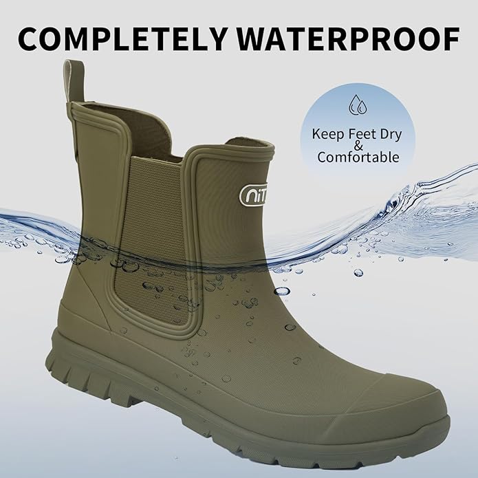 NITTI Women's Waterproof Short Rain Boots Slip-Resistant Rubber Chelsea Garden Shoes with Comfort Insole