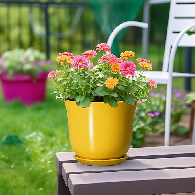 Ceramic Pots for Plants - 8 Inch Plant Pot for Indoor Outdoor, Round Planter with Drainage Hole and Tray, Decorative Flower Pot, Modern Planter, Home Patio Decor, House Warming Gift, Yellow