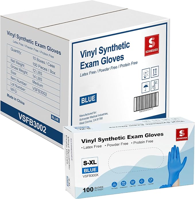 Schneider Vinyl Synthetic Exam Gloves, 4 Mil, Latex Free Disposable Gloves for Medical, Cooking, Cleaning, and Food Prep