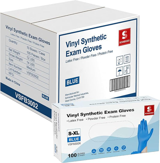 Schneider Vinyl Synthetic Exam Gloves, 4 Mil, Latex Free Disposable Gloves for Medical, Cooking, Cleaning, and Food Prep