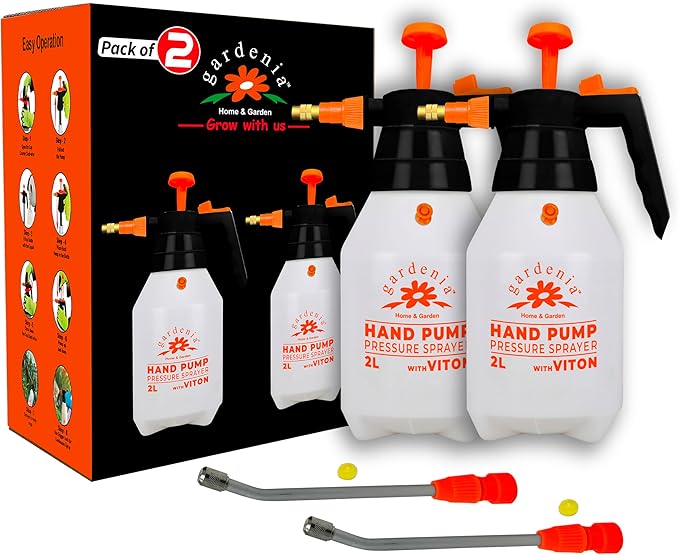 Handheld Pumping Sprayer Viton Seals Sprayers in Lawn and Garden, Spray Bottles for Cleaning Chemical Sprayer Continuous Spray Bottle for Plants 2 Pack 2L (0.53 Gal / 68oz)