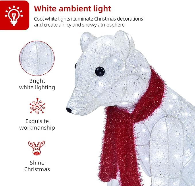 Lighted Polar Bear Family 2PCS - Large All-Weather Pre-Lit Outdoor Christmas Décor for Front Yard and Lawn with 140 Pre-Strung LED Lights, Zip Ties, Extension Cord, and Ground Stakes - Red/White