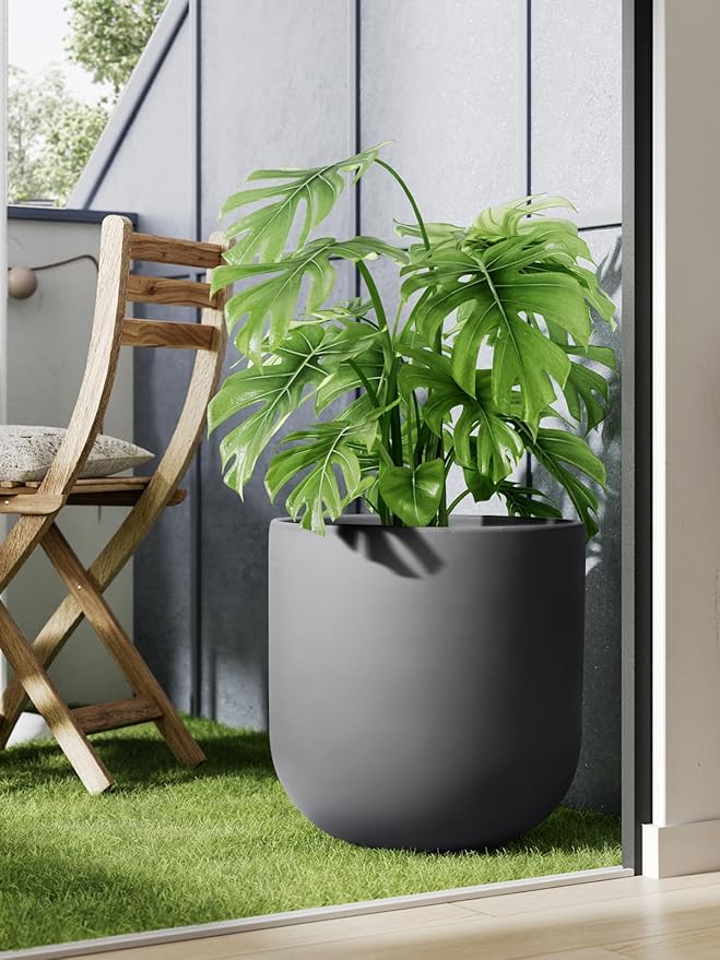 LE TAUCI 12 Inch Pots for Plants, Ceramic Large Planters for Indoor Plants, Indoor Plant Pots for Home Garden Patio Office, Big Planter Pots with Drainage Hole and Rubber Plug, Charcoal Gray