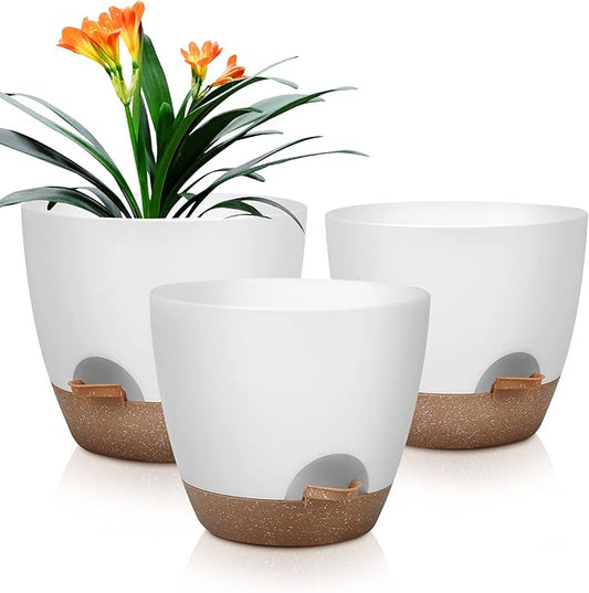 Plant Pots 10/9/8 Inch Self Watering Pots, Set of 3 Plastic Planters with Drainage Holes and Saucers,Plastic Flower Pots,Nursery Planting Pot for Indoor Out Door Plants（White）