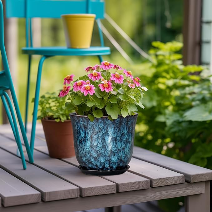 5.6 Inch Plant Pot - Ceramic Pots for Plants with Drainage Hole and Saucer, Round Succulent Flower Orchid Pot for Indoor Outdoor, Modern Planter, Home Room Decor, Gift for Plant Lover, Blue