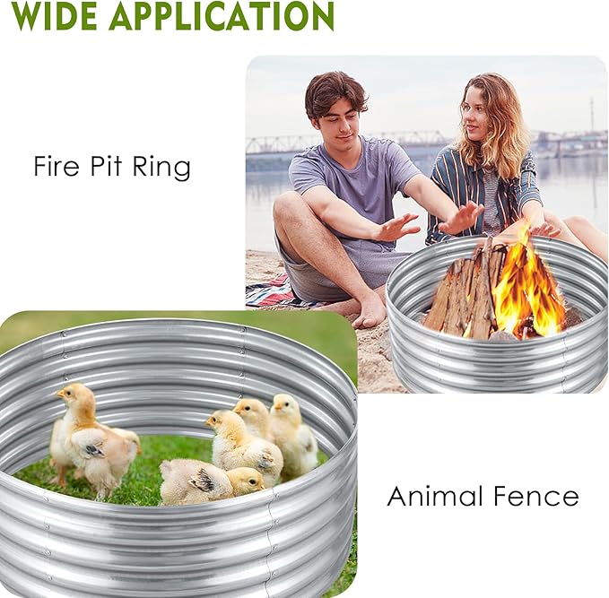 FORTUNO High Round Galvanized Raised Garden Bed Kit, Fire Pit Ring Dia 3 x H 1.5Ft (2 Pack) Metal Outdoor Flower Bed Steel Patio Ground Planter for Planting Vegetables and Herb, Silver