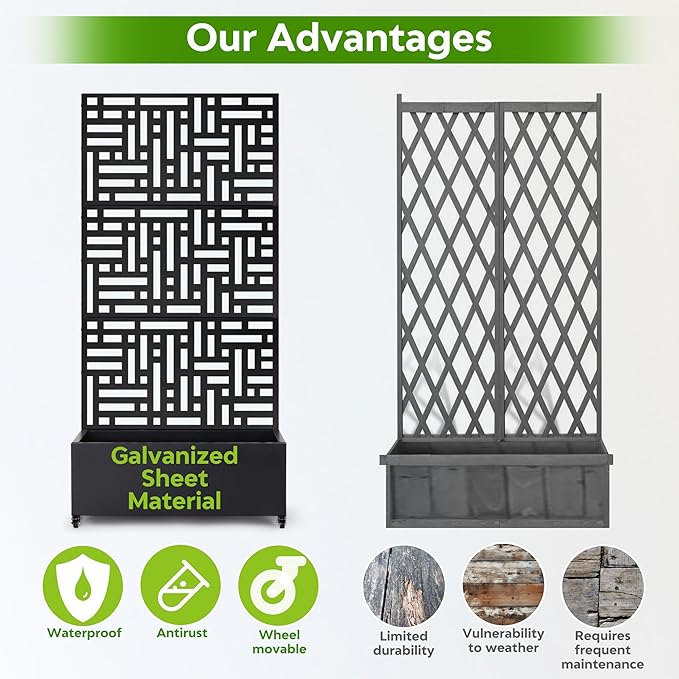 Metal Planter Box with Trellis,71”Raised Garden Bed with Trellis Privacy Screen and Drainage.Wheeled for Patio Flexibility,for Climbing Veggies/Flowers.DIY-Friendly Design