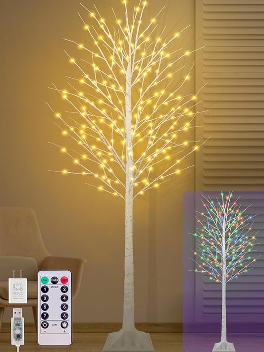 8FT Lighted Birch Tree with 210 LED Warm White and Multicolor Lights, 8 Modes, Timer Remote Faux Prelit Twig Christmas Tree with Lights for Indoor Outdoor Xmas Holiday Party Decoration