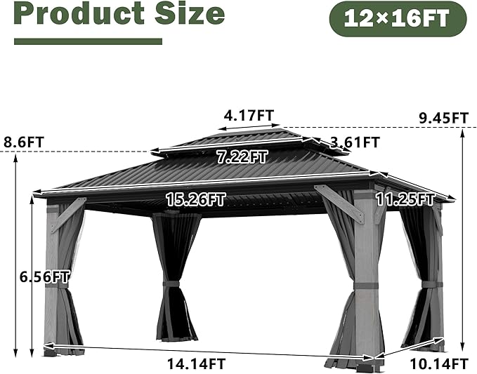 12x16FT Hardtop Wood Gazebo, Outdoor Gazebo with Cedar Wooden Pillar & Double Metal Roof - Weather-Resistant Gazebos Pavilion for Patio, Garden, Backyard (w/Netting & Gray Curtains)