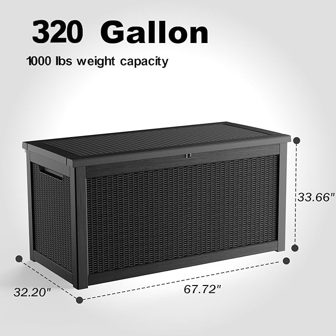 EasyUp 320 Gallon Deck Box Waterproof, UV Resistant Resin Outdoor Storage Box with Hydraulic Rod, Lockable Design and Enhanced Durability for Patio, Garden, and Poolside Use