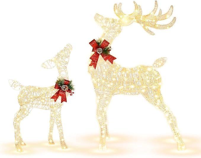 Tangkula 2 Pieces Christmas Lighted Reindeer Set, Outdoor Yard Xmas Decorations with 170 LED Lights, Artificial Christmas Deer with Ground Stakes, Indoor/Outdoor Festive Holiday Decoration