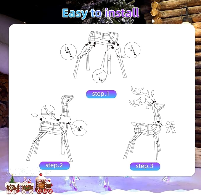 50" Outdoor Lighted Iridescent Reindeer Christmas Decorations, 3-Piece Reindeer Family Set with 210 LEDs, Ground Stakes, Durable Weatherproof Metal Frame for Yard, Garden, Indoor Holiday Decor