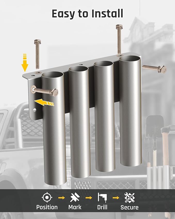 Wyckoff Heavy Duty 4-Hole Shovel Holder for Truck Bed & Trailer, Commercial Grade Steel Rack for Rake & Shovel, Secure Tool Box Mount Prevents Highway Loss for Landscaper, Gardener & Contractor